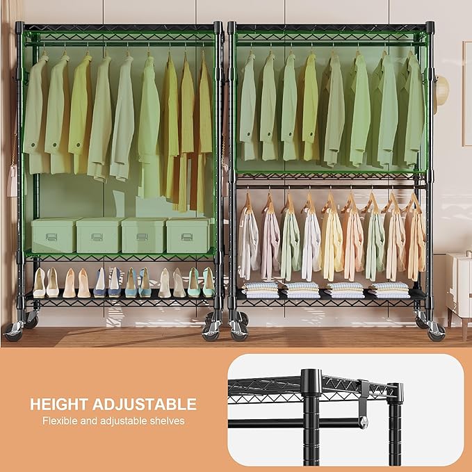 M MZG Heavy Duty Rolling Garment Rack 3 Tiers Adjustable Wire Shelving Clothes Rack with 2 Rods and Side Hooks, Storage Close