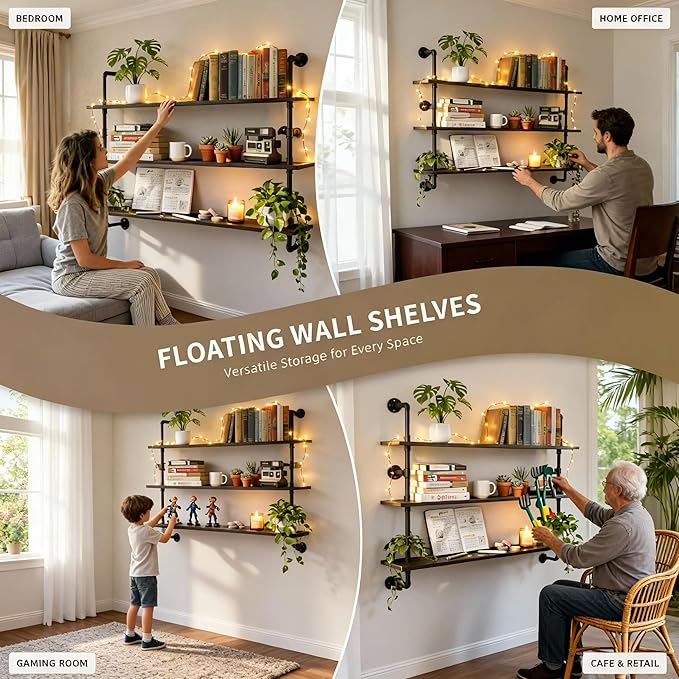 Industrial Pipe Shelving Rustic Black Wall Shelves with Wood Planks Industrial Floating Shelves 48 Inch 3 Tier Farmhouse Book