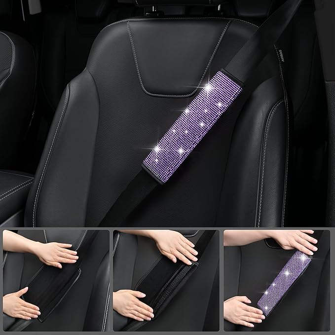 CAR PASS Bling Diamond Leather Car Seat Covers 11 PCS, Sparkly Rhinestone Steering Wheel Cover Glitter Cute Interior Car Acce
