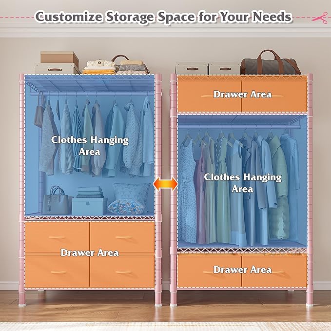 Raybee Clothes Rack, Clothing Rack for Hanging Clothes with 4 Drawers Load 420LBS Heavy Duty Garment Rack with Drawers, Pink