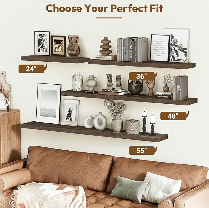 Vivelove Elm Floating Shelves for Wall Solid Wood, 24 Inches Long Rustic Wall Shelf With Invisible Bracket for Living Room Be