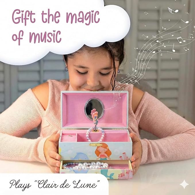The Memory Building Co Mermaid Musical Jewelry Box Plays Classic Melody, Storage Organizer Music Box for Kids Ages 6-12, MDF 