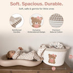 Pink Teddy Bear Storage Basket for Baby Girl Nursery – 15"x11" Cotton Rope Bin with Embroidered Bear Patch – Toy Organizer, B