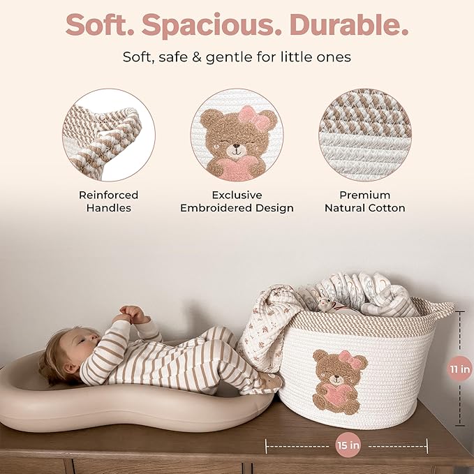 Pink Teddy Bear Storage Basket for Baby Girl Nursery – 15"x11" Cotton Rope Bin with Embroidered Bear Patch – Toy Organizer, B