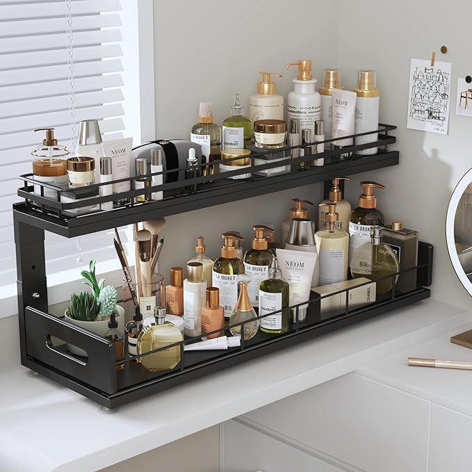 Under Sink Organizer Upgrade To Professional Rails,2-Tier Dual Pull Out Cabinet Storage,Height Adjustable Slide Out Drawers F
