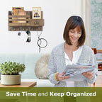 Key Holder Wall Mount, Wooden Adhesive Mail and Key Organizer with Drawer, Small Shelf, 8 Hooks, 2 Installation Methods, Brow