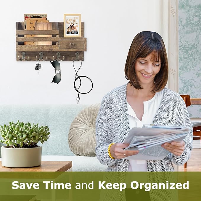 Key Holder Wall Mount, Wooden Adhesive Mail and Key Organizer with Drawer, Small Shelf, 8 Hooks, 2 Installation Methods, Brow