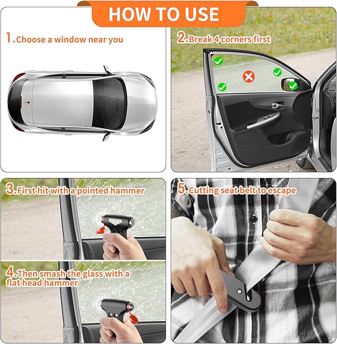 Car Safety Hammer, 2PCS Black 3-in-1 Emergency Escape Tool with Window Breaker and Seat Belt Cutter, Safety Emergency Car Esc