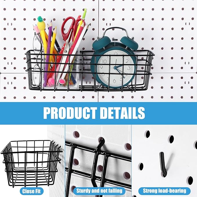 Sieral 4 Pcs Large Pegboard Baskets Set 12 x 6.5 x 4 Inch Black Metal Wire Baskets Peg Board Organizer Accessories Wall Mount