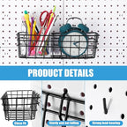Sieral 4 Pcs Large Pegboard Baskets Set 12 x 6.5 x 4 Inch Black Metal Wire Baskets Peg Board Organizer Accessories Wall Mount