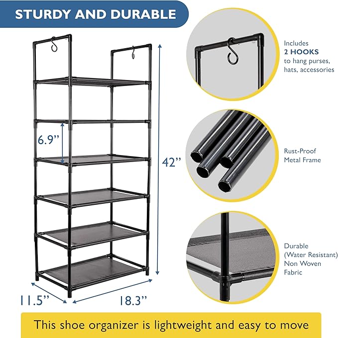 Sundaze Shoe Rack - 6 Tier Tall Shoe Rack for Closet, Sturdy Stackable Shoe Organizer for Closet, Bedroom, Entryway, Garage, 