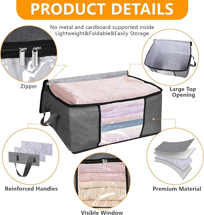 10 Pack Clothes Storage Bags with Zipper, 45L Foldable Blanket Storage Box with Clear Window Sturdy Handles for Closet, Dorm,