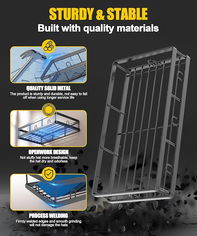 2 Packs Metal Hat Rack for Wall, Holder with Multiple Hooks, Organizer for up to 40 Baseball Caps, Sturdy Wall Drilled Rack, 