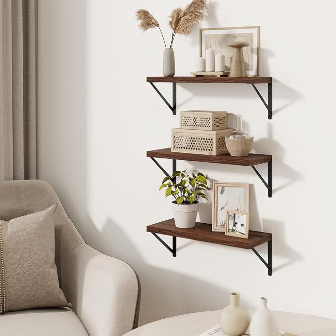 Shelves for Wall, Floating Bookshelves with Brackets, 16 inch Floating Shelves Set of 3, Wall Shelf for Kitchen, Bathroom, Be