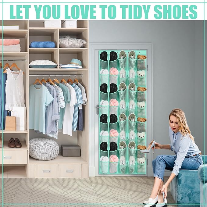 Windyun 40 over the Door Shoe Organizer Large Mesh Pocket Hanging Shoe Rack for Closet Turquoise Nonslip Behind Door Storage 