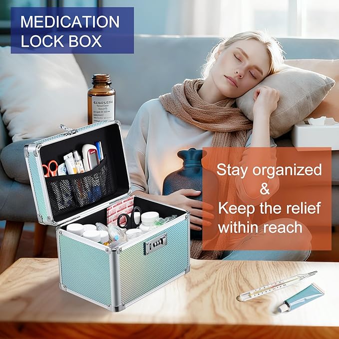 Adazzo Lockable Medicine Storage Box - Turquoise Cabinet Med Lock Organizer, 10 x 7 x 9 Inches Safe Med Case with Lock for Ho