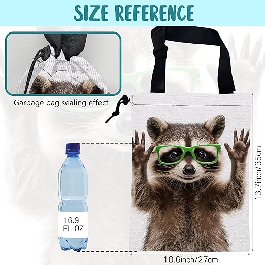 Car Garbage Bag Cute Raccoon Wear Green Glasses Drawstring Car Trash Bag Hanging for Back Seat with Adjustable Buckle Canvas Vehicle Trash Can Easy-to-Install
