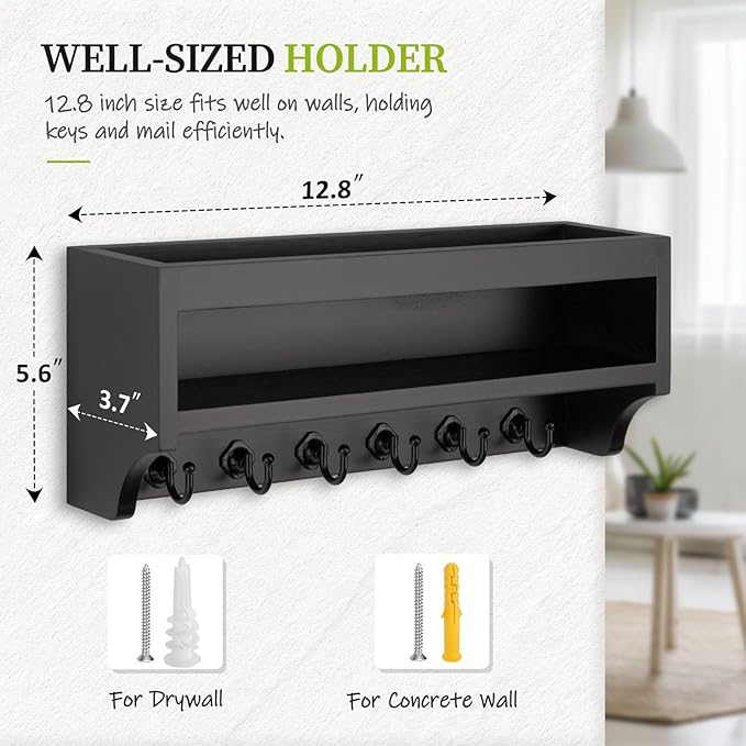 Nekon Key Holder Wall Mount, 12.8" W x 5.6" H x 3.7" D Wall Mounted Key and Mail Organizer with 6 Key Hooks, Key Racks for Ho
