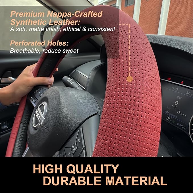 PINCTROT D Shaped Nappa Leather Steering Wheel Cover, Slim Fit No Bulk Design, One Piece Leather with Breathable Perforation,