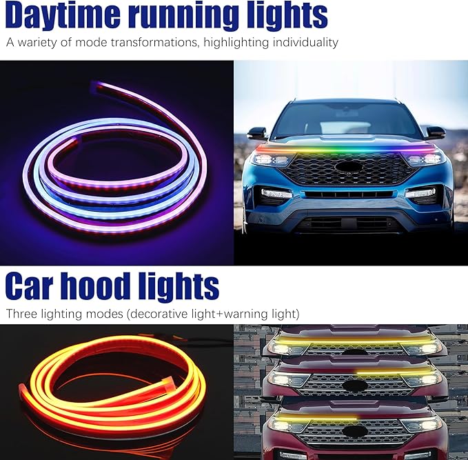 JMTBNO Car LED Hood Light Strip 71" RGB Exterior LED Strip Flexible 12V Multicolor Universal Engine Hood Cover Daytime Running Light Strip Waterproof Remote & APP for Car SUV Truck