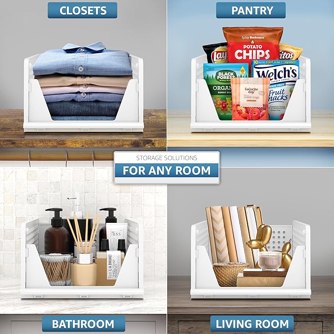 Sorbus 4 Pack Medium Shelf Organizer with Open Front Design Under Shelf for Closet Bathroom Kitchen Garage Plastic Stackable 