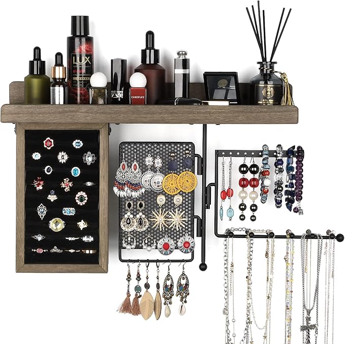 SOLIMINTR Hanging Jewelry Organizer Wall Mount Holder with Rustic Wood Shelf, Ring Display Box, Ear Studs Earring Holder, Rot