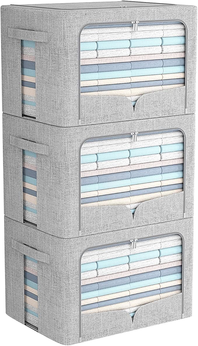 FHSQX 3 Pack Clothes Storage Bins Foldable Metal Frame Storage Box Stackable Linen Fabric Organizer Set with Carrying Handles