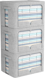 FHSQX 3 Pack Clothes Storage Bins Foldable Metal Frame Storage Box Stackable Linen Fabric Organizer Set with Carrying Handles