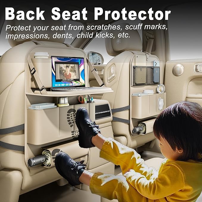 Car Seat Organizers,Multi-functional Back Seat Protectors, Storage Pouches, Child kicking prevention and Tray Holders (for Cars, Kids, Seat Back and Rear Seats) (Beige, 2 Pcs)