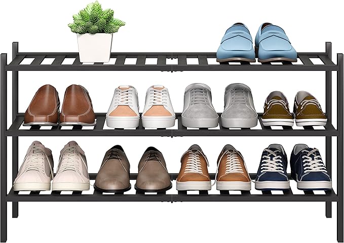 BMOSU 3-Tier Bamboo Extended Shoe Rack Premium Stackable Shoe Shelf Storage Organizer for Hallway Closet Living Room Entryway
