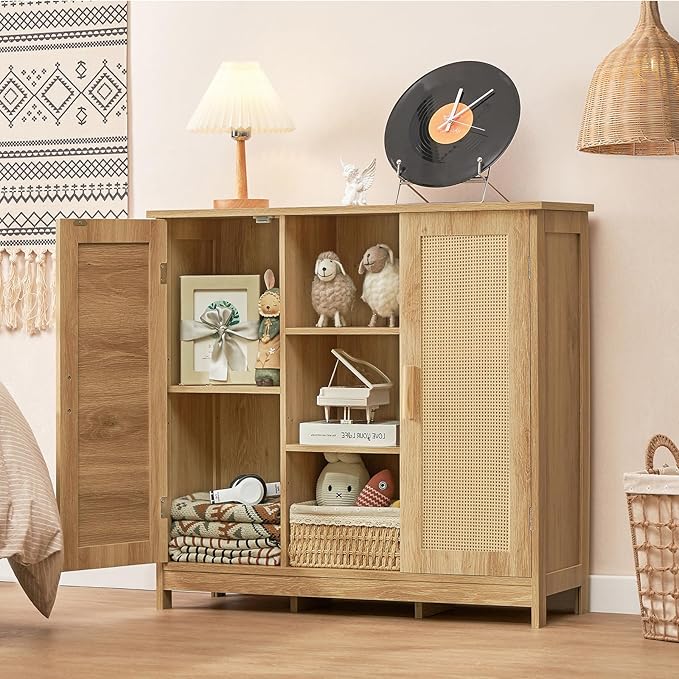 Iwell Rattan Storage Cabinet with 4 Adjustable Shelves, Coffee Bar Cabinet, Sideboard Buffet for Kitchen, Living Room, Entryw