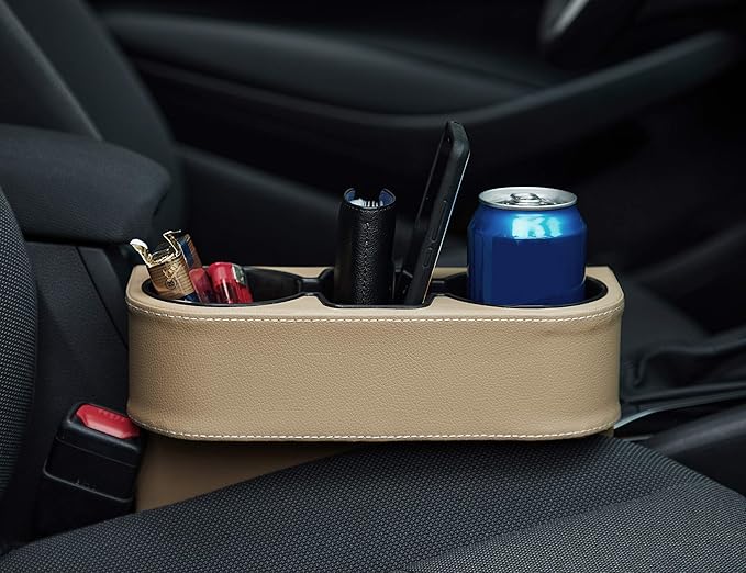 IOKONE Coin Side Pocket Console Side Pocket Leather Cover Car Cup Holder Auto Front Seat Organizer Cell Mobile Phone Holder (Beige)