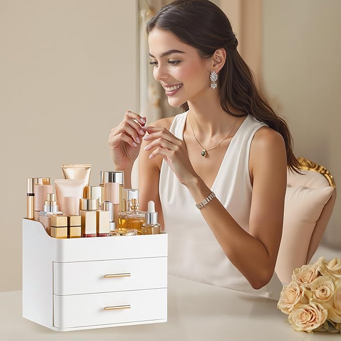 HBlife Makeup Organizer for Vanity with 2 Drawers, Large Bathroom Countertop Cosmetics Organizer Skin Care Storage, Easy to S