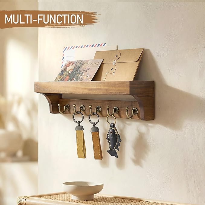 Rebee Vision Acacia Wood Farmhouse Key Holder Wall Mount for Room Decor – Retro Key Holder for Wall with Shelf for Cute Thing