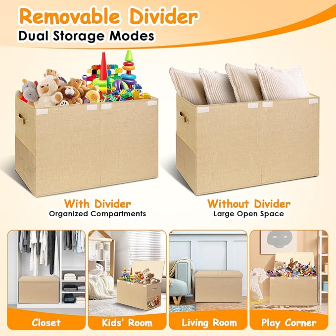 Large Toy Storage Box with Lid Upgraded Toy Chest Organizer with Removable PP Divider Foldable Toy Bin for Kids Boys Girls Li