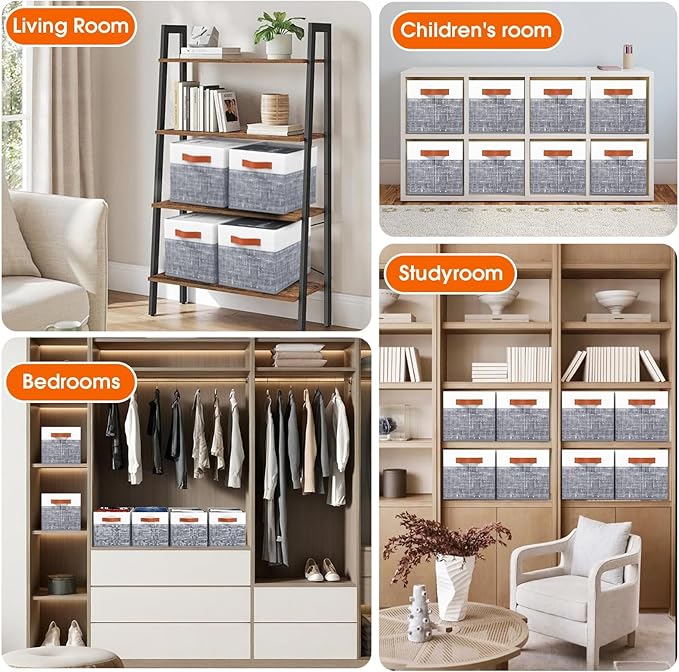 Fab totes Collapsible Storage Baskets for Shelves,14"x10", 8 Pack Foldable Fabric Storage Bins with Double Leather Handles, L