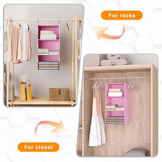 Hanging Closet Organizer and Storage 3-Shelf, Easy Mount Foldable Hanging Closet Wardrobe Storage Shelves, Clothes Handbag Sh