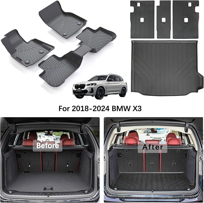 Floor Mats Backrest Mat for BMW X3 2018-2024（Not Fit 2025） & Trunk Mat,TPE All Weather Protection Car Floor Liners with Cargo Liners