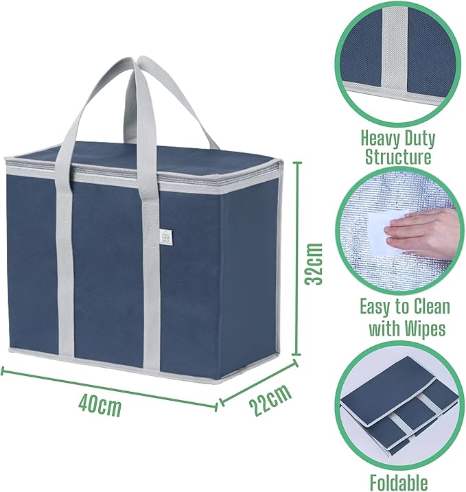 VENO 2 Pack Cooler Bag and Insulated Grocery Bags for Food Delivery, Collapsible Cooler, Reusable Shopping Bags for Groceries with Zipper, Foldable, Heavy-Duty, Stands Upright (Dark Blue, 2 Pack)