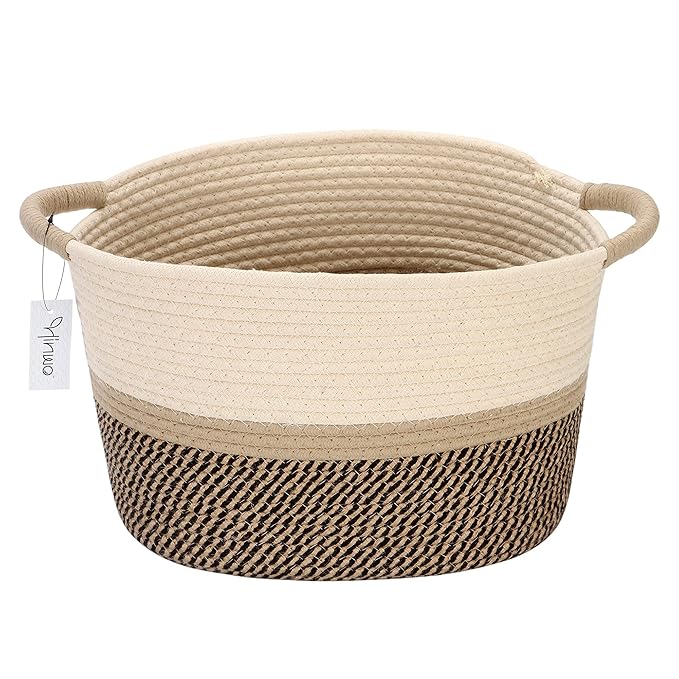 Hinwo Oval Cotton Rope Storage Basket Collapsible Nursery Storage Box Container Organizer with Handles, 13 x 10 inches, Cream