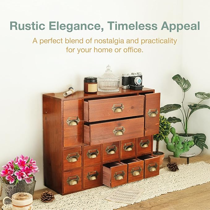14-Drawer Apothecary Cabinet - Index Card Organizer - Miniature Chest of Drawers - Brass Handle Organizer - Kids' Arts and Cr