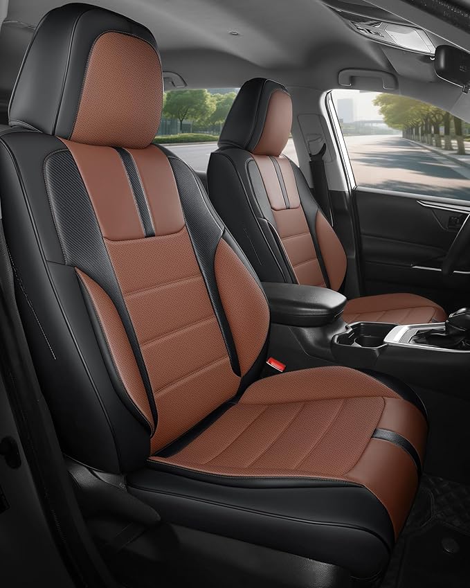 FREESOO Black Brown Front Car Seat Covers - Faux Nappa Leather Seat Covers for Cars, with Carbon Fiber Texture Seatbelt Pads,