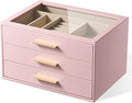 pickpiff Jewelry Box Organizer Case for Women: 3-Layer Jewelry Storage Case with Glass Window, Pink Leather with Velvet Holde