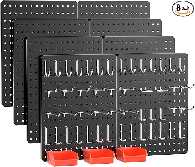 Peg Board, 114PCS Heavy Duty Metal Pegboard with Hooks, 8 Pack Black Peg Board Panels, 60lbs Load Capacity Each, Pegboard Wal