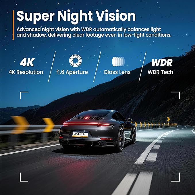 4K Dash Cam Front with Built-in WiFi, Dash Camera for Cars, 32GB Card Included, Super Night Vision Dash Camera, Loop Recordin