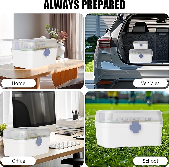2-Pack Medicine Storage Box, Small & Large Portable Medicine Cabinet Organizer with Trays, Plastic First Aid Box Empty for Fa