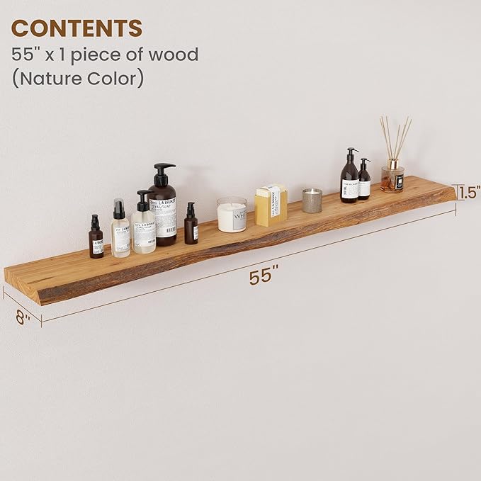 Floating Shelves for Wall Decor, Rustic Solid Elm Wood Live Edge Floating Shelves Wall Mounted, Wall Shelves with Invisible B
