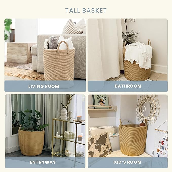 OrganiHaus Large Woven Laundry Basket w/Handles 52L, Rope Dirty Clothes Hamper, Blanket Basket for Living Room, Baby Laundry 