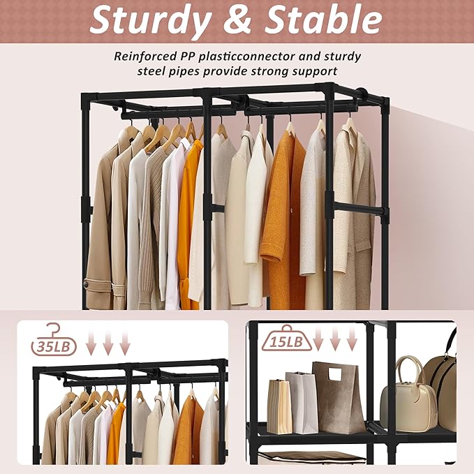 Wardrobe Closet, Quick and Easy Assembly, Black Portable Closet with 2 Hanging Rods 4 Storage Shelves and 8 Side Pockets, Stu