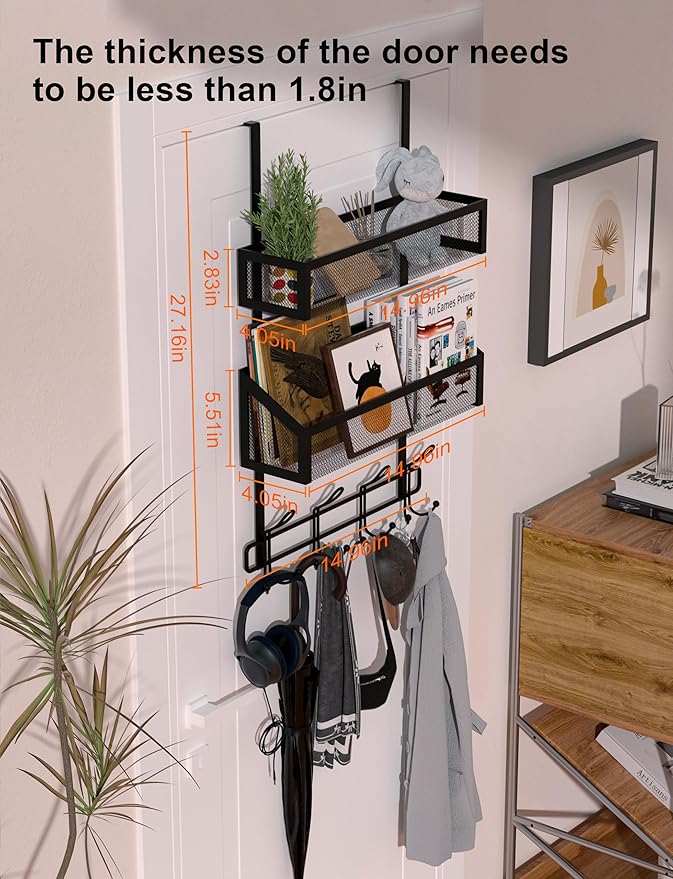 Over The Door Hooks Organizer Storage - Over The Door Hanger for Coat Rack, Storage with 12 Hook & 2 Mesh Baskets, for Bathro